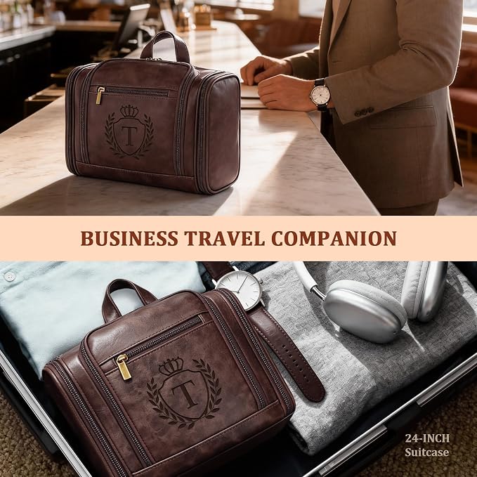 Personalized Mens Large Leather Travel Toiletry Bag Hanging Dopp Kit Grooming with Laser Engraved Initials, Custom Monogrammed Gifts for Groomsmen Groom Boss Friend Brother, Tan Letter T - Image 6
