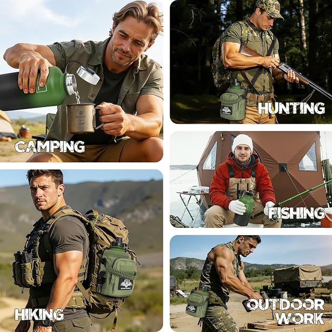 NATURE PIONEOR 64 oz Tactical Water Bottle with MOLLE Bottle Pouch & 3 Lids | 18/8 Food-grade Stainless Steel, Double Vacuum Insulation, 3 Leak-proof Lids, Handle, Strap, Camping, Hiking, Gym, Work - Image 9