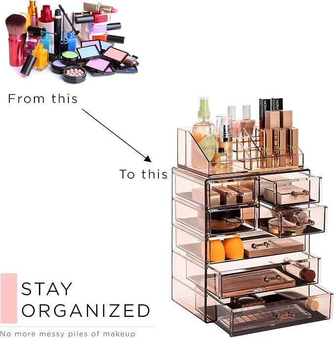 Sorbus Acrylic Makeup Organizer Set, 7-Drawer Vanity & Countertop Cosmetic Storage with Small & Wide Compartments, Bronze Glow Makeup Storage for Brushes, Jewelry – Holiday Gift for Women & Teens - Image 7