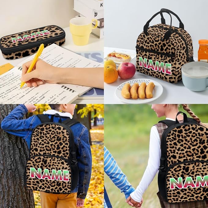 Leopard Spots Teens Lightweight Backpack with Lunch Box, Cheetah Skin Kids BookBag 4 Set Rucksack, Brown Black Water Bottle Holder Pencil Bag for Girls Boys - Image 4