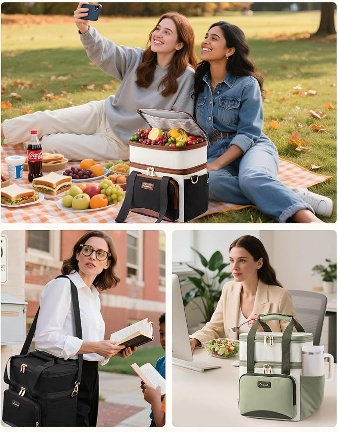 LOVEVOOK Insulated Lunch Bag For Women,Large Double Deck Adult Lunch Box,Teacher Lunch Tote Bag With Cup Holder,Leakproof Cooler Bag With Adjustable Shoulder Strap For Work Picnic Beach,Larger 15L - Image 7
