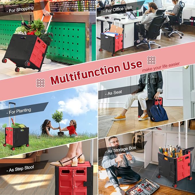 FELICON Folding Utility Cart Rolling Crate Handcart Basket Tote-Red+Black | Collapsible Hidden Lid,Plastic Box,Telescoping Handle,4 Rotate Wheels for Travel Shop Move Grocery Laundry Office Teacher Use - Image 7