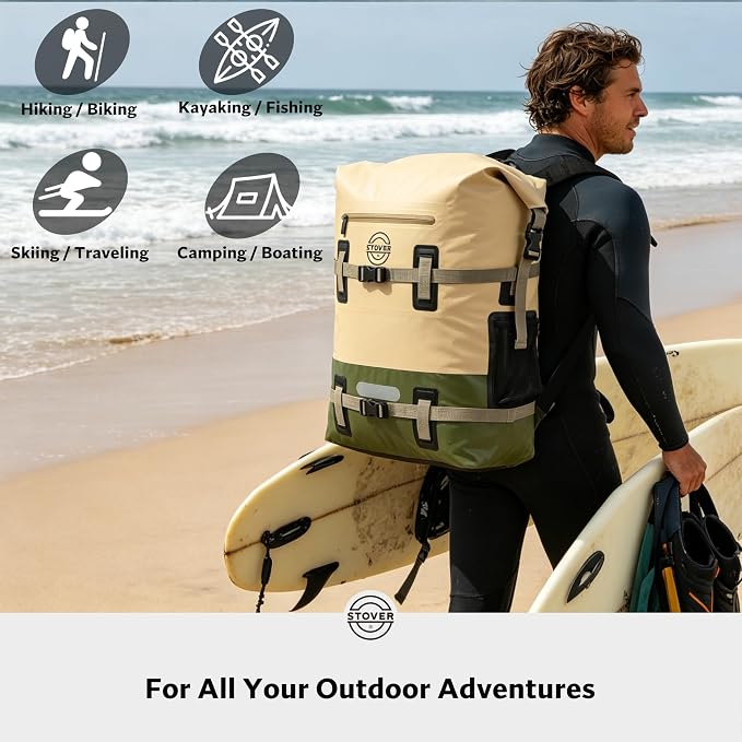 STOVER 30/40/55L Waterproof Dry Backpack & Phone Case - 2XL Floating Dry Bag for Kayaking, Travel, Hiking, Fishing, Camping, Motorcycles & Beach, Heavy-Duty Roll Top Men/Women (Tan/Army Green/Brown) - Image 8