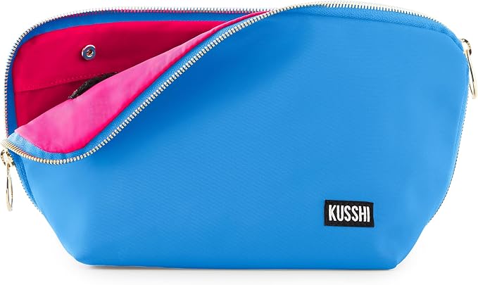 KUSSHI Washable Travel Makeup & Cosmetic Bag - Brush Organizer Sold Separately (Signature, Light Blue/Neon Pink) by Unknown
