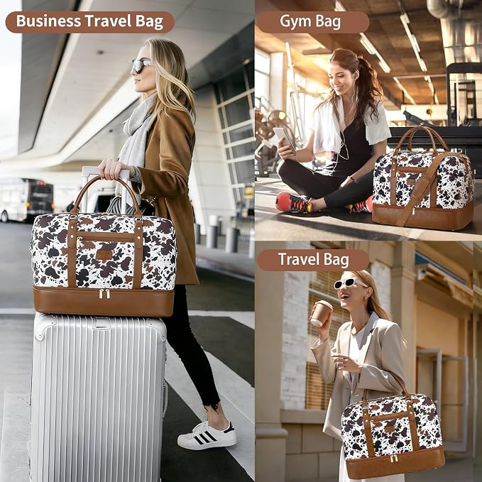 Wogarl 3PCS Weekender Bags for Women Large Overnight Bag Weekend Travel Duffel Bag Carry on Shoulder with Shoe Compartment Toiletry Bag Satchel Bag for Travel Business Gym,Brown Cow - Image 7