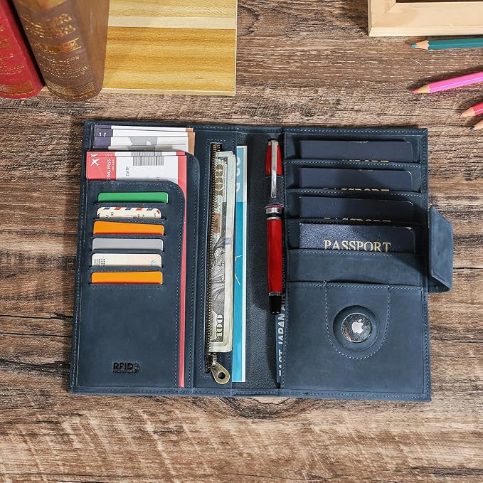 CONTACTS Full Grain Leather Family Passport Holder for 4 RFID Blocking Passport Wallet Compatible with Airtag Passport Cover with 4 Passport Slot, 6 Card Slot (Blue) - Image 9
