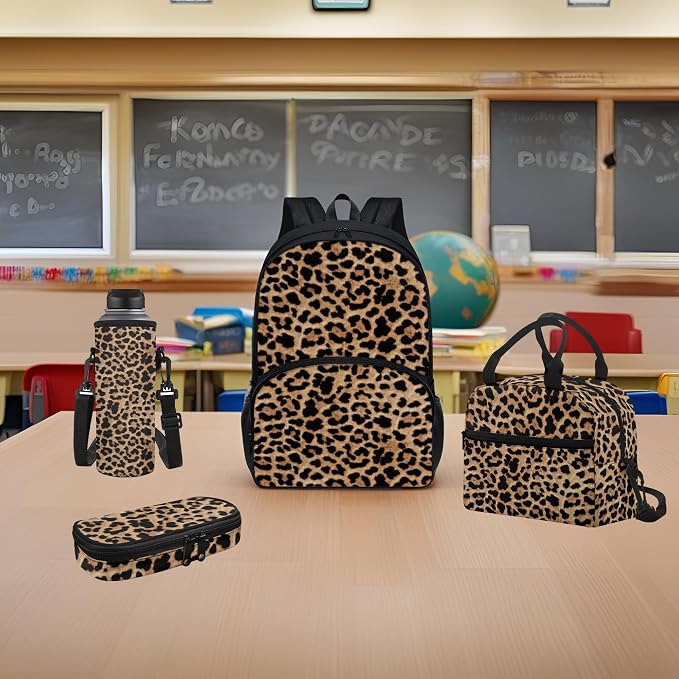 Leopard Spots Girls Boys Lightweight Backpack with Lunch Box, Cheetah Skin Kids BookBag 4 Set Rucksack, Brown Black Water Bottle Holder Pencil Bag for Teens - Image 7
