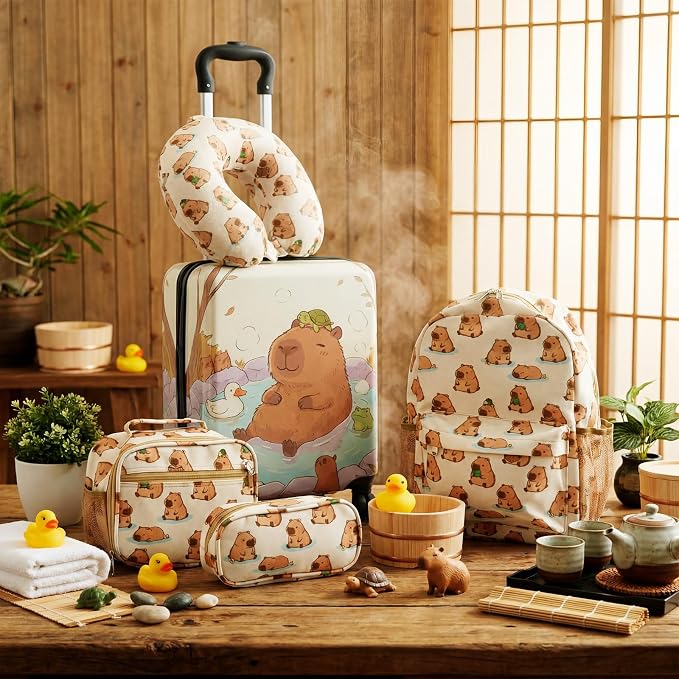 Redbaker 6 Pcs Kids Luggage Set, 17 Inch Rolling Suitcase with Backpack Lunch Bag Neck Pillow, Capibara Travel Set for Summer Vacation Sleepover Back to School Gift - Image 7