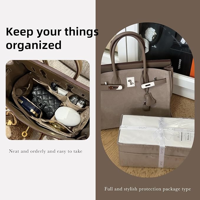 DGAZ Purse Organizer Silky Smooth,Silk,Luxury Handbag Tote in Bag Shapers, Women- Fits Birkin25/30/35/40 Bags (Etoupe grey, BK25) | Soft and Lightweight,Perfect Fit,Multi-pocket Storage,Bag Protector,Luxury Bag Care,Handmade,for Smooth Bag Organizer - Image 8