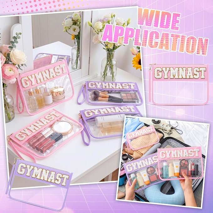 6 Pcs Gymnastics Gifts Cosmetic Makeup Bags, Pink Purple Clear PVC Zipper Pouch with Chenille Letter Patch, Waterproof Travel Toiletry Storage Bag for Team Girls Women Party Favor - Image 7
