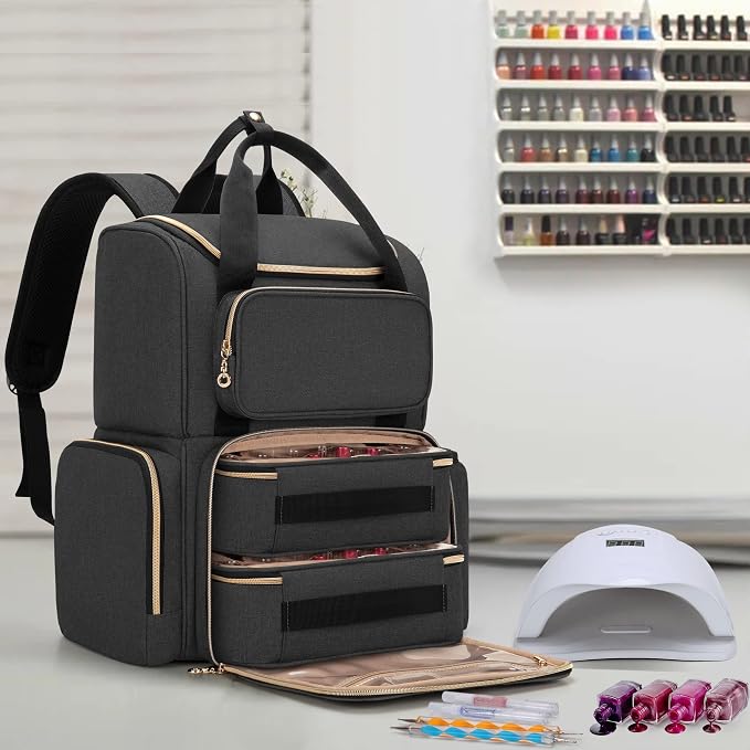 LUXJA Nail Polish Organizer Backpack Holds 70 Bottles and a UV Lamp | Travel Nail Bag with 2 Removable Cases, Ample Tools Storage Pockets, Adjustable Shoulder Straps, Trolley Sleeve, Black - Image 8