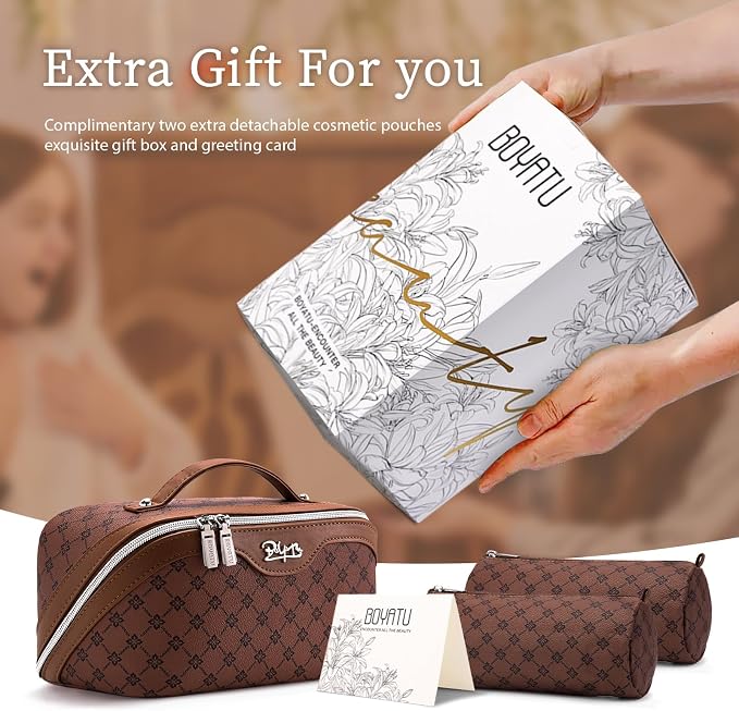 BOYATU Travel Makeup Bag Cosmetic Bags for Women: 3 Pcs Set Large Capacity Make up Bag with Handle - Vegan Leather Toiletry Bags with Compartments - Makeup Organizer for Travel Essentials(A-6-Brown) - Image 6