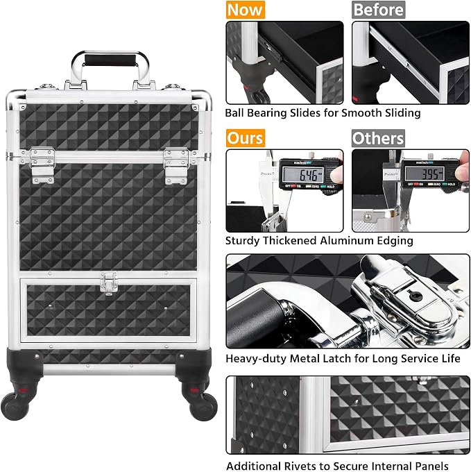 Yaheetech Rolling Makeup Train Case with a Drawer Nail Trolley Black/Silver | Sturdy ABS & aluminum nail cart organizes beauty supplies in side trays and a drawer, rolls smoothly & lockable for travel - Image 8