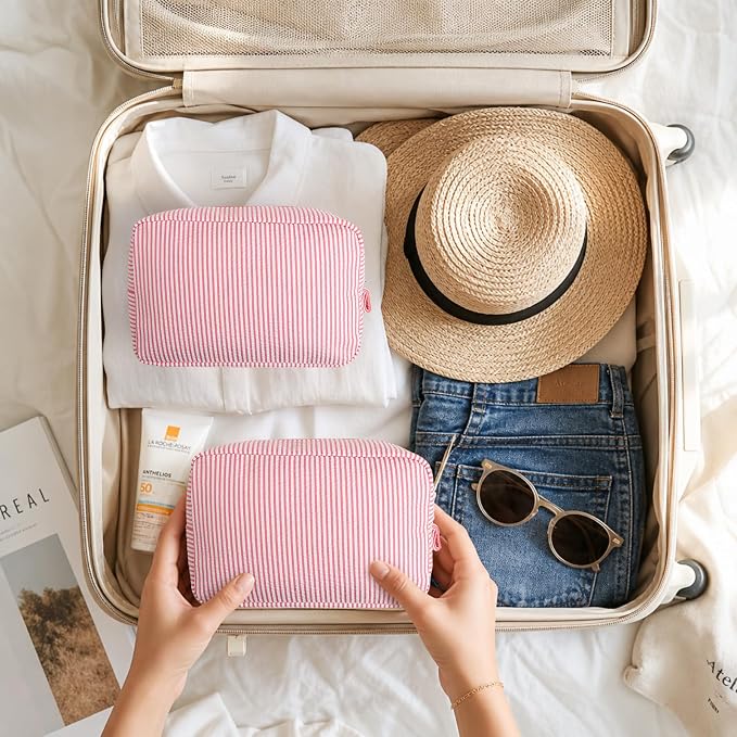 Sanwuta 6 Seersucker Cosmetic Bag Bulk Striped Makeup Bag for Women Aesthetic Cute Travel Toiletry Organizer Preppy Storage Pouch for Wedding Bridesmaid Mother's Day Teacher Gift (Large,Coral Pink) - Image 7