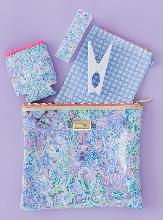 Lilly Pulitzer Water Resistant Vinyl Beach Day Pouch, Zipper Bag Includes Drink Hugger, Small Pouch, and Towel Clips - Image 8