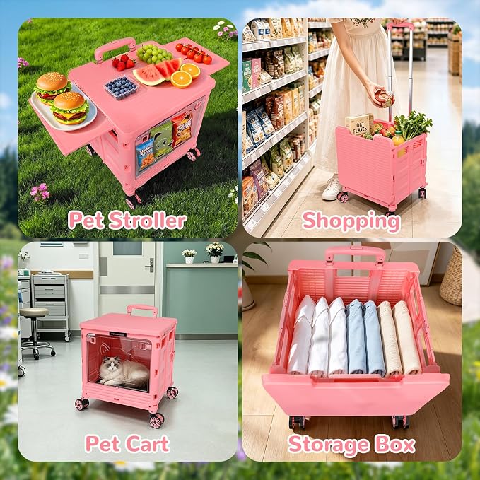 FELICON SELORSS Folding Utility Cart Portable Rolling Crate Handcart-Pink | Magnetic Sliding Lid+Lockable Transparent Front Panel,Telescoping Handle,4 Swivel Wheels Tote for Travel Shop Office Teacher - Image 9