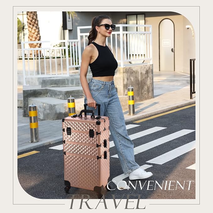 3 in 1 Professional Rolling Makeup Train Case Aluminum Trolley Case with 360° Rotation Wheels for Makuep Artist Cosmetic Suitcase Organizer with Lock and Key Diamond Pattern - Rose Gold - Image 7