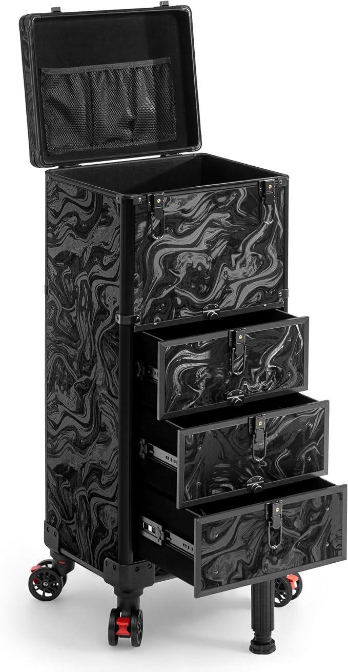 Rolling Makeup Train Case with 3 Drawers, Nail Trolley Cart Salon Station Cosmetology Case on Wheels Organizer Cases for Nail Tech,SPA,Face Painting,Hairstylist,Makeup Artist (Ink Black) - Image 8