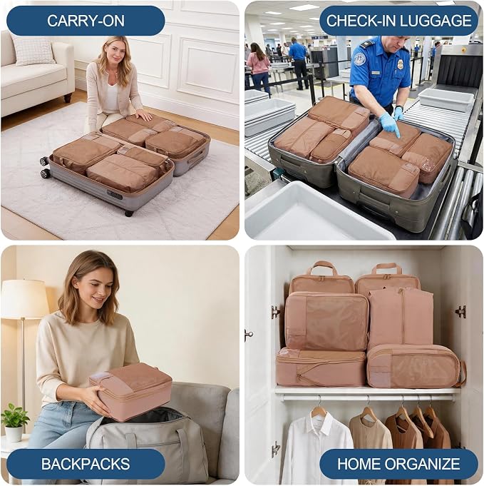 Compression Packing Cubes for Travel - Double Zipper Luggage Organizer Bags for Suitcases (6-Pack, Mocha) - Image 9