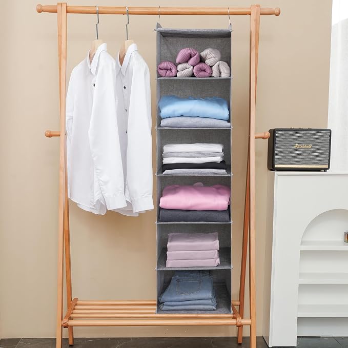Large Hanging Sweater Organizer for Closet,Collapsible 6-Shelf Hanging Closet Shelves with Drawers, Washable (Grey-6 Shelf) - Image 7