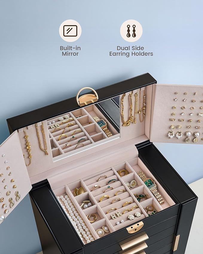 Lolalet Large Jewelry Box Organizer for Women, 8-Layer Jewelry Organizers and Storage Case with Mirror & 7 Drawers, Lockable Watch Ring Earring Bracelet Necklace Holder Girls Gift -8Layer, Black - Image 9