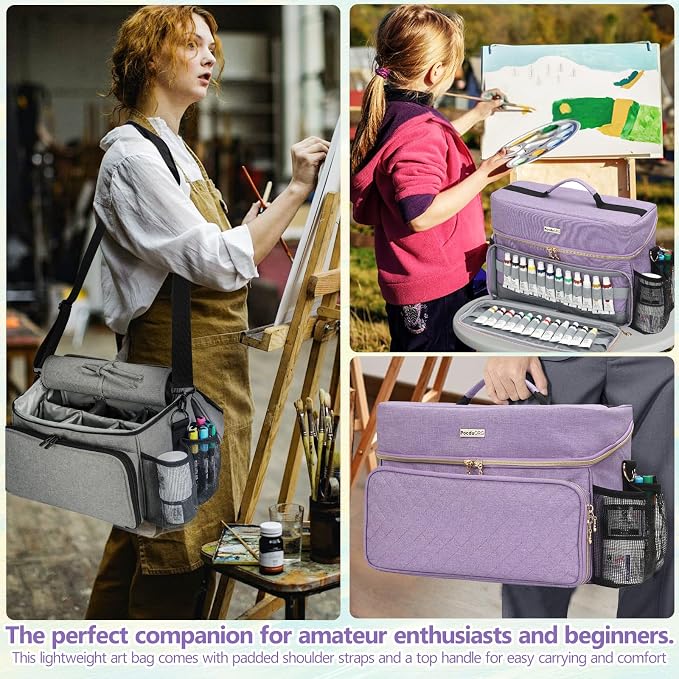 Art Supplies Organizer Storage Bag with Detachable Paint Brush Holder & Partition - Carrying Case for Home/Travel/Outdoor Fits Marks, Acrylic Paint, Palettes, Folding Buckets, Portfolios (Pro Purple) - Image 7