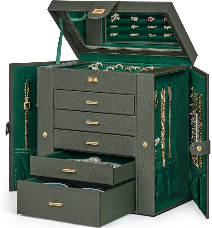 AKOZLIN 6-Tier Jewelry Box Organizer Functional 5 Drawers Leather Jewelry Storage Case for Women Girls Ring Necklace Earring Bracelet Holder Organizer with Mirror Extra Large Darkgreen - Image 8