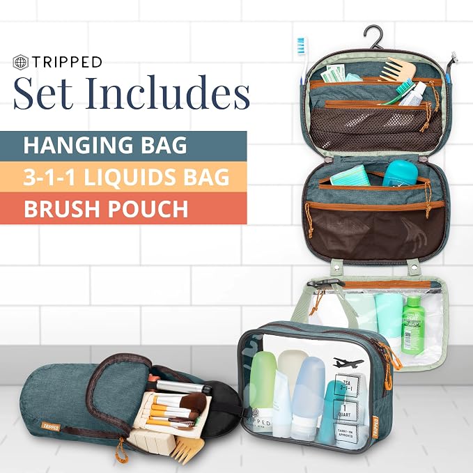 Toiletry Bag Kit 3 Piece Set: Hanging Travel Toiletry Bag + 311 TSA Cosmetic Liquid Bag + Accessory Organizer Pouch - Image 8