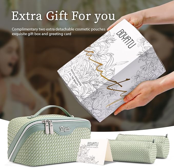 BOYATU Travel Makeup Bags for Women: Large Capacity Make up Bag with Wide Opening - 3 Pcs Set Waterproof Travel Toiletry Organizer for Full-Sized Bottles, Cosmetics & Brushes (Light Green-W) - Image 6