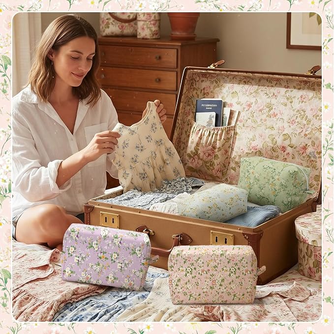 Sweetude 12 Pcs Flowers Makeup Bag Bulk Cotton Portable Travel Cosmetic Bags with Zipper Floral Cotton Roomy Travel Toiletry Organizer Storage Beauty Pouch for Women Gifts - Image 6