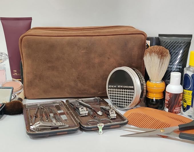 RUSTIC TOWN Full Grain Leather Travel Toiletry Bag - Cosmetic Makeup Kit Organizer (Brown) - Image 7
