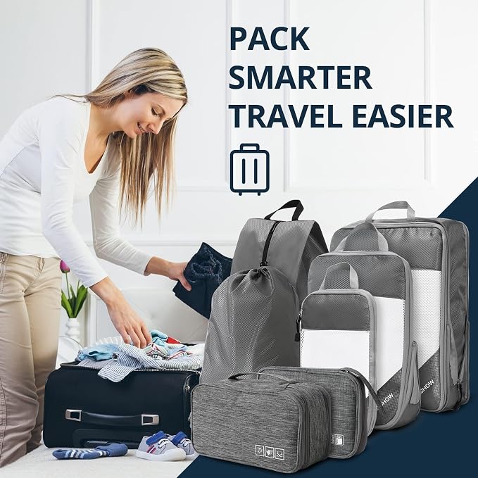 NICOSHOW 7 Set Compression Packing Cubes for Travel - Compressible, Lightweight, and Space-Saving Packing Cubes, Travel Essentials for Women, Grey - Image 7