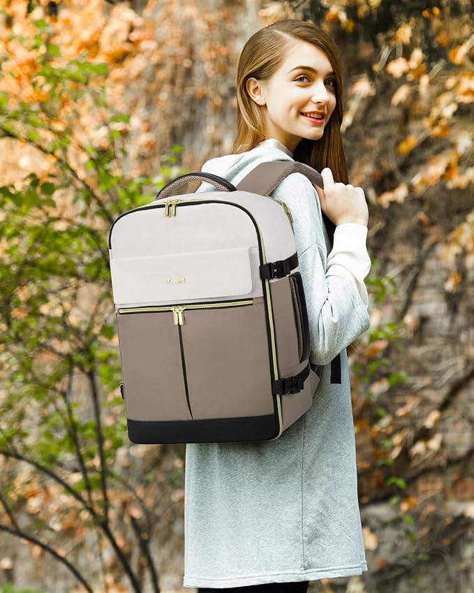LOVEVOOK Travel Backpack for Women, TSA Carry On Backpack Flight Approved Luggage, 40L Water Resistant Personal Item Daypack Large Weekender Bag fit 17 inch Laptop with 3 Cubes, Beige-khaki-black - Image 9