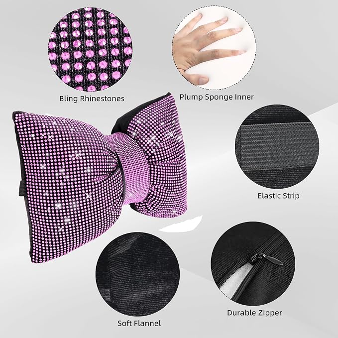 4 PCS Bling Car Pillows,Rhinestones Bowknot Car Headrest Pillow,Pink | Car Neck Pillow for Driver Relax Neck Support,Sleeping Travel Support Neck Pillow,Diamond Interior Accessories for Women - Image 6