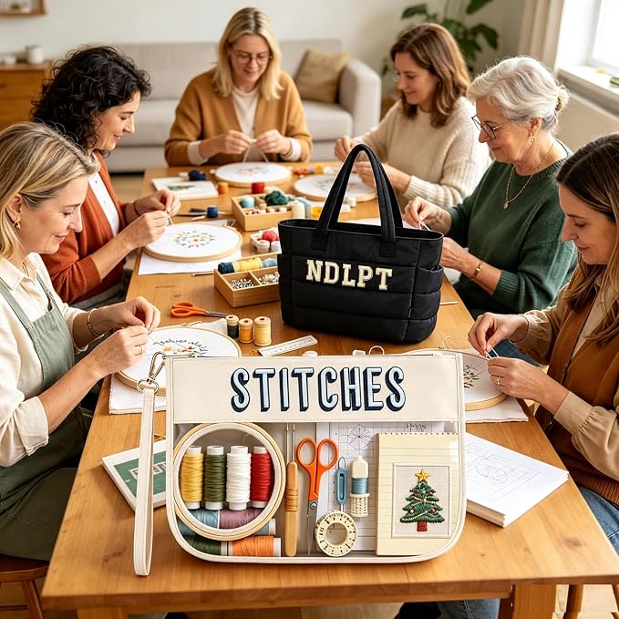 Needlepoint Tote Bag with Clear Zipper Pouch — Puffy Craft Organizer-Black/Beige | Lightweight puffy taslan tote, 20L | NDLPT Project Bag | Holds 15.6" laptop | Padded compartment | Gift for stitchers - Image 8