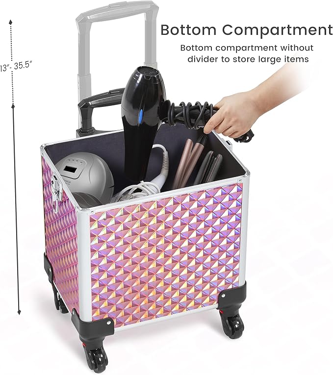Yaheetech 4 in 1 Rolling Makeup Train Case, Glitter Pink Cosmetology Cart | Extra large diamond-finish aluminum train case with a lock, detachable tiers, and accordion trays keeping makeup organized - Image 9