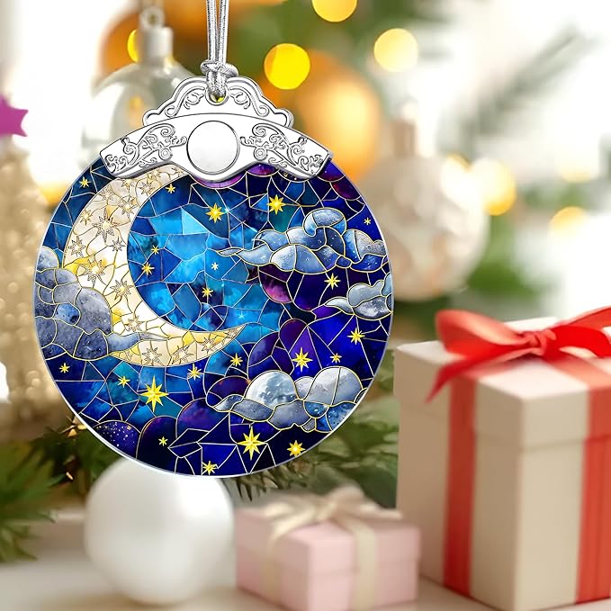 Moon and Star Stained Glass Ornament, Christmas Ornaments – Christmas Tree Decorations, Holiday Decor, Stocking Stuffer, Gift Idea, Gifts for Astronomy Lover, Friend, and Family