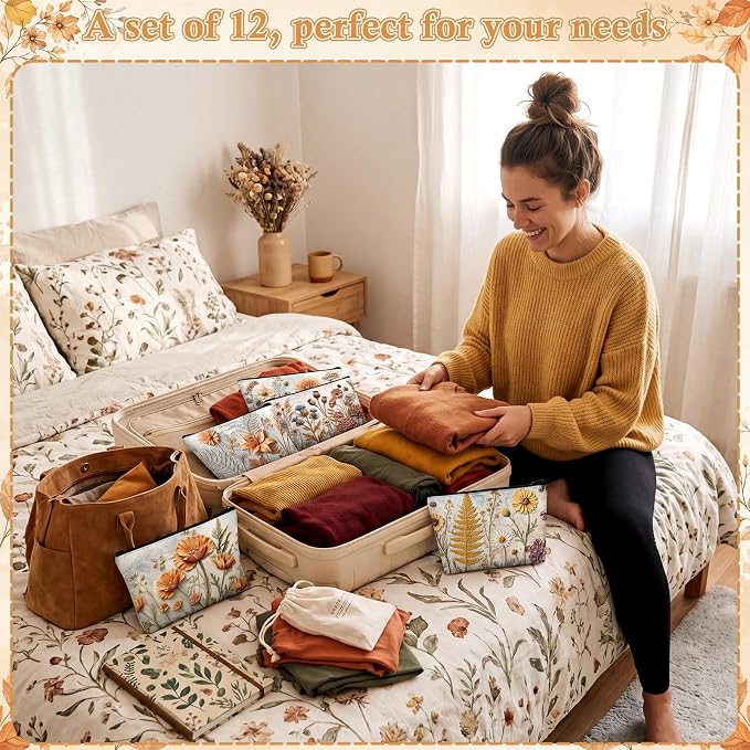 Sweetude 12 Pcs Fall Relief Flowers Makeup Bag Bulk Orange Autumn Portable Travel Cosmetic Bag with Zipper Fall Floral Waterproof Roomy Travel Toiletry Organizer Storage Beauty Pouch for Women Gifts - Image 6