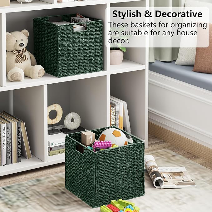 Vagusicc Wicker Storage Basket, Set of 2 Hand-Woven Paper Rope Wicker Basket, Foldable Cube Storage Bins, Square Large Storage Baskets for Organizing Shelves & Decor, Orange (13″×13″×13″) - Image 9