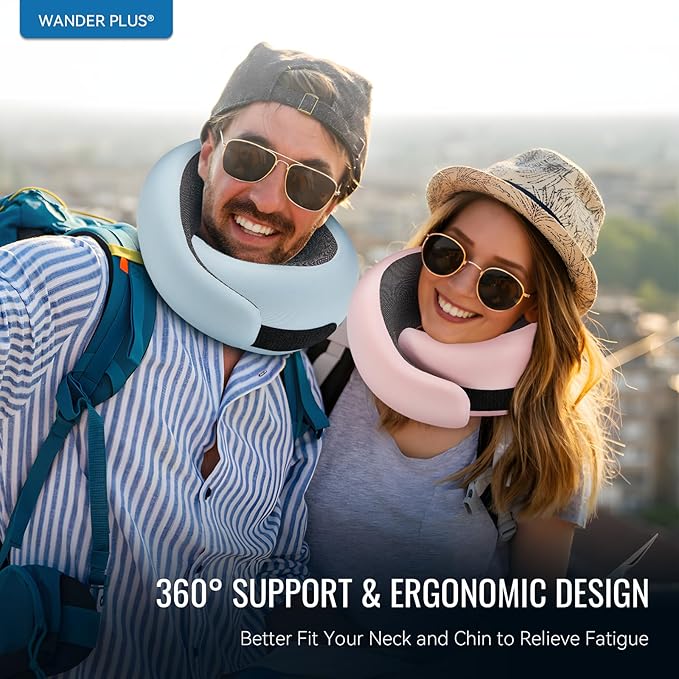 WANDER PLUS® Travel Neck Pillow, Pure Memory Foam Neck Pillow for Airplanes, Comfortable Breathable Cover, 360 Degree Support Ergonomic Design Best for Sleeping Plane Train Travel Essentials Max Grey