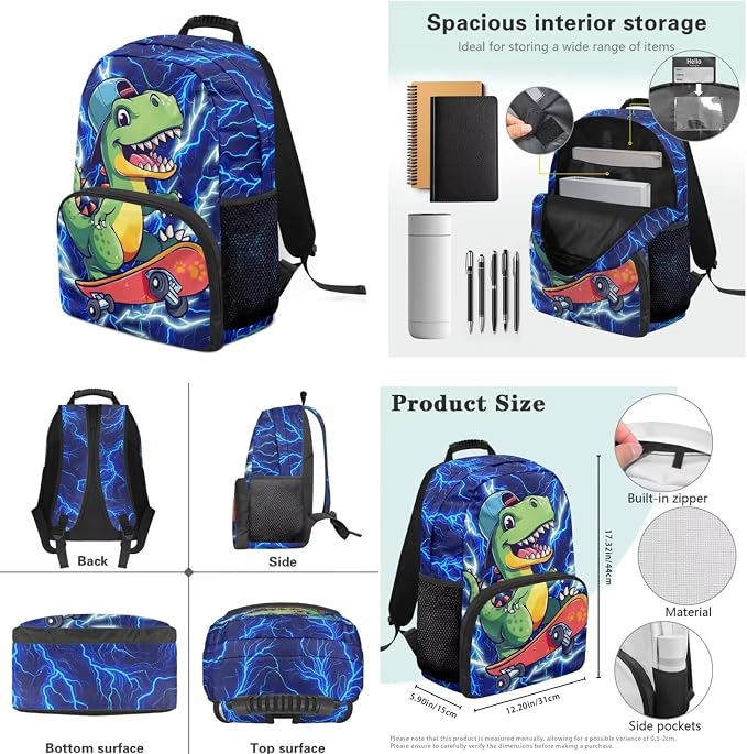 Skateboard Flash Dinosaur Backpack for Boys 6-12 Kids Backpack with Lunch Box Zipper Pencil Pouch Portable Student Backpacks for Teenagers Preschool Elementary Kindergarten Primary School - Image 7