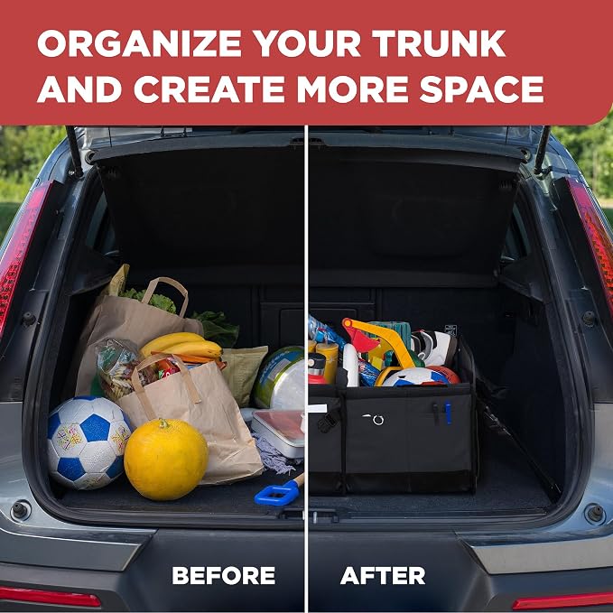 Car & Vehicle Trunk Organizer for SUV, Truck & Auto Storage, Black | Fits Cars, SUVs & Trucks 3 Adjustable Compartments Non-Slip Base & Straps Collapsible Heavy-Duty Storage Car Accessories - Image 9