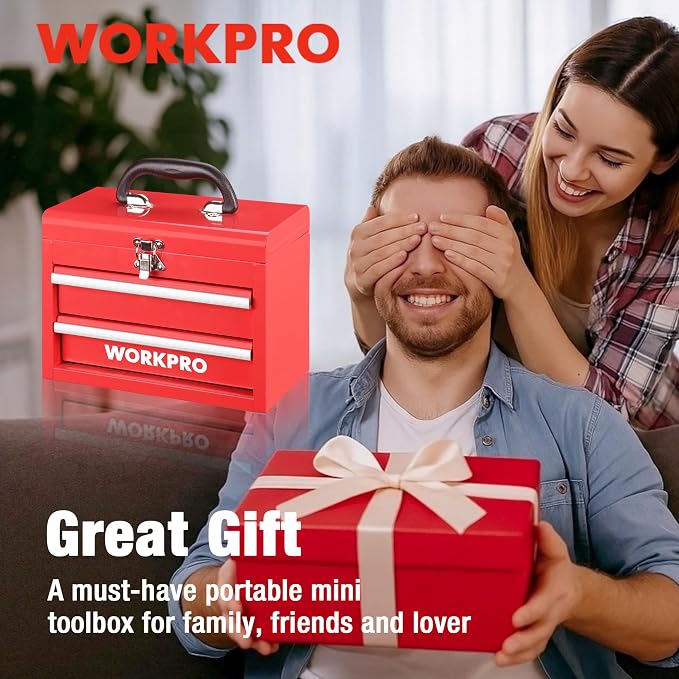 WORKPRO Portable Mini Metal Tool Box with 2 Drawers | Metal Tool Chest, Ball Bearing Slides, Top Storage, Latch Handle, PVC Drawer Liners, PP Feet Pads - Image 8