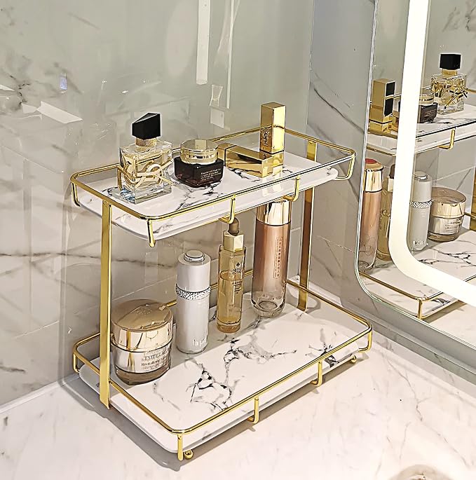 Bathroom Organizer Countertop Perfume Organizer Makeup Organizer Cosmetics Storage Display Rack Vanity Tray Dresser Stainless Steel Gold Shelf White Marble Ceramic Tray - Image 8