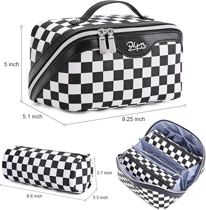 BOYATU Travel Makeup Bag Cosmetic Bags for Women: Large Make up Bags Set of 3 - Portable Makeup Organizer with Compartments&Handle&Divider - Waterproof PU Leather Toiletry Bag(A-5-Checkered Mix Black) - Image 8