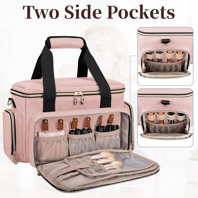 GDNasist Large Makeup Bag, Portable Travel Makeup Bag Organizer for Women Girls with 2 Removable Pouches & Detachable Dividers, Cosmetic Travel Bag, Toiletry Bag for Makeup and Hair Supplies Pink - Image 9