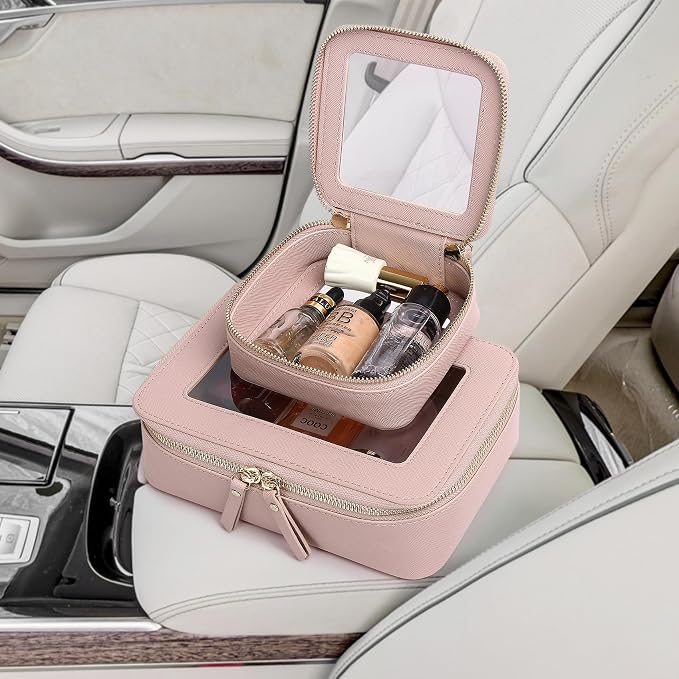 Clear Makeup Bag Set 3 Piece Travel Case for Cosmetics and Toiletries Women's Makeup Organizer and Car Essential with Zipper (Pink, L+M+MINI) - Image 7