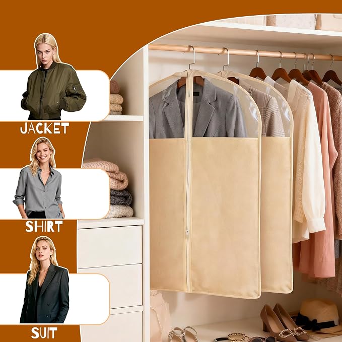 2 Pack 24 x 40 Inches Cotton Garment Bags for Hanging Clothes, Suit Bags for Clothes Coats Jackets Shirts Closet Storage Travel, Garment Covers with Clear Window - Image 7
