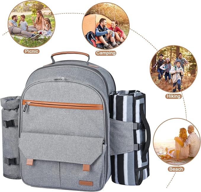 Sunflora Insulated Picnic Backpack for 2 Person Bag with Cooler Compartment, Wine Pouch, Blanket and Stainless Steel Cutlery Set for Couple, Lovers and Friends (Grey) - Image 7