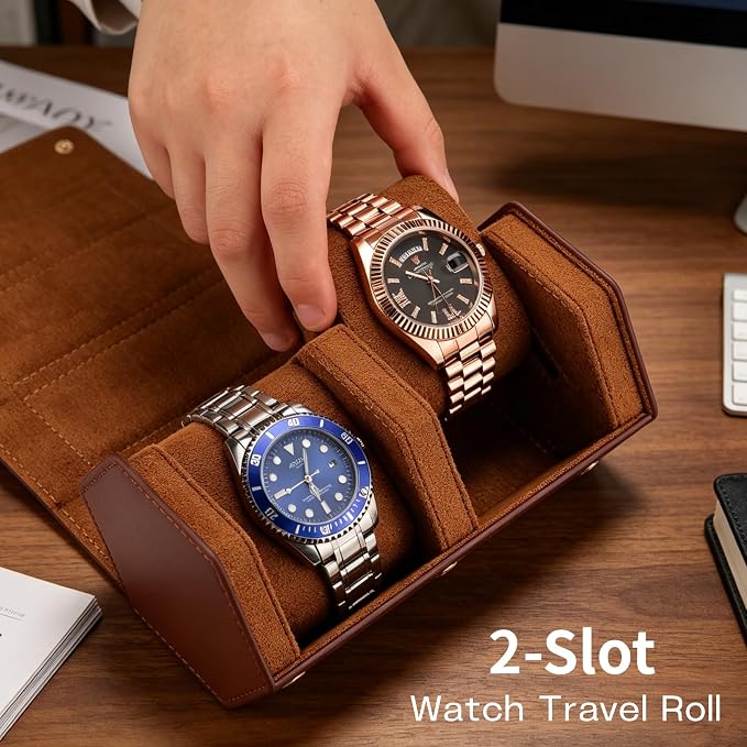 2-Slot Hexagon Leather Watch Roll Travel Case for Men, Brown | Multiple Watch Capacity,Premium Hexagon Leather,Velvet M-Shaped Cushions,Secure Snap Closure,Storage Organizer - Image 6
